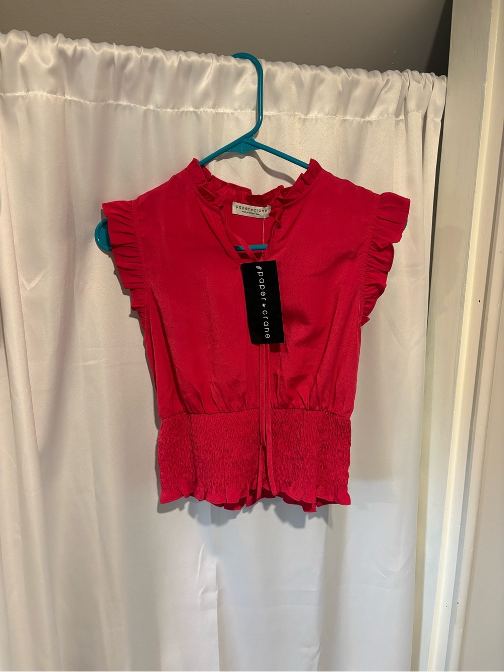 Paper Crane Red Ruffle Sleeve Smocked Hem Blouse